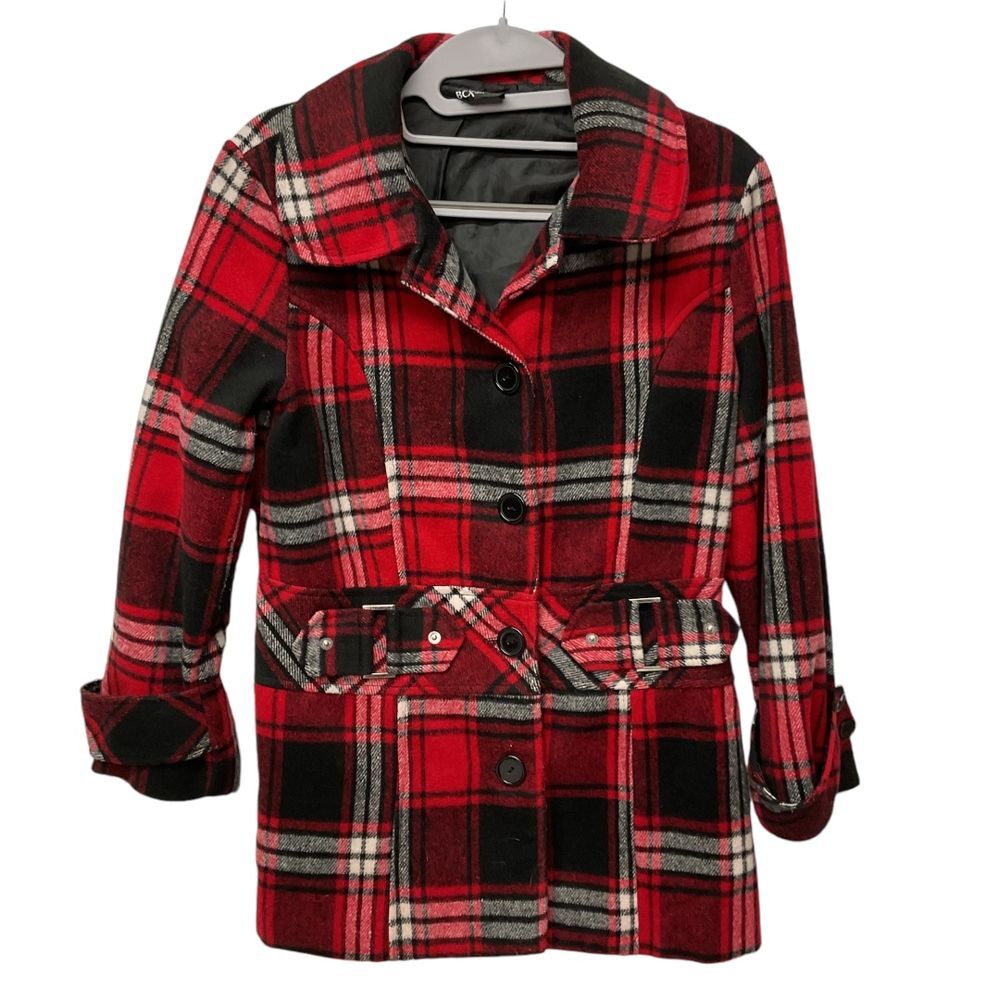 BCX Girl's Wool Blend Plaid Coat Jacket Red‎ Black Size M Outdoor Holiday